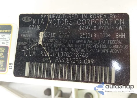 2016 Kia Optima Lx из США, поврежденный, VIN KNAGT4L37G5118740